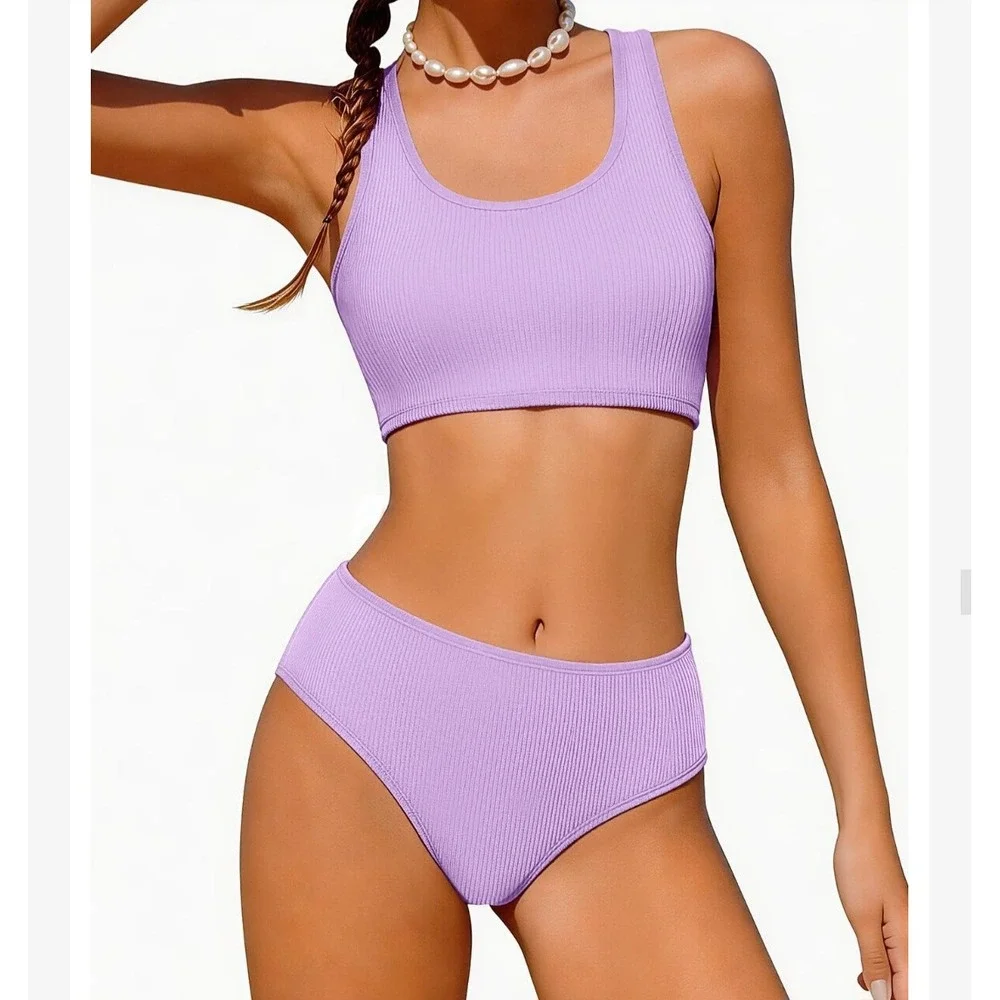 Lavender Purple Ribbed High Waisted Two Piece Bikini Set Girls Size 13-14Y